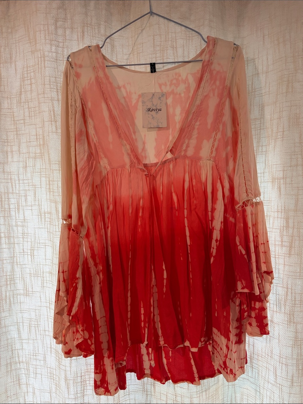 Raviya Coral-Red Tie-Dye V-Neck Flowy Tunic